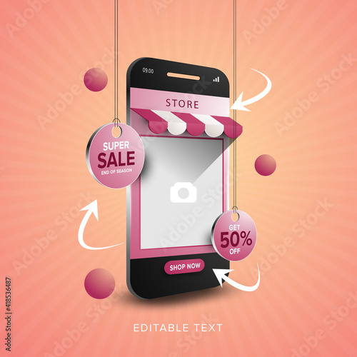 Online shopping promotion on mobile app concept for social media post template