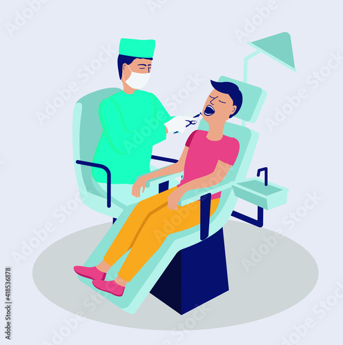 modern flat vector concept digital illustration of a dental procedure - patient, dentist checking teeth. Healthcare and oral hygiene. Isolated flat vector illustration