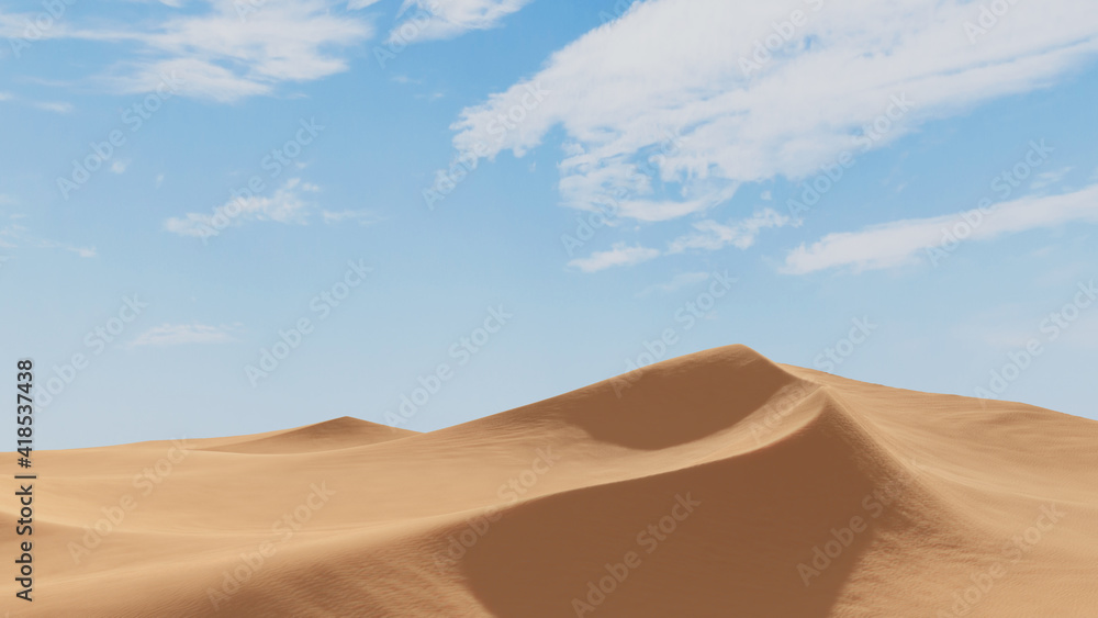 Abstract beautiful landscape with desert dunes mountains with clouds bright foggy sky in blue white and orange color. Sahara Desert, Morocco, Africa. Minimal clean nature background. 3D Render. 
