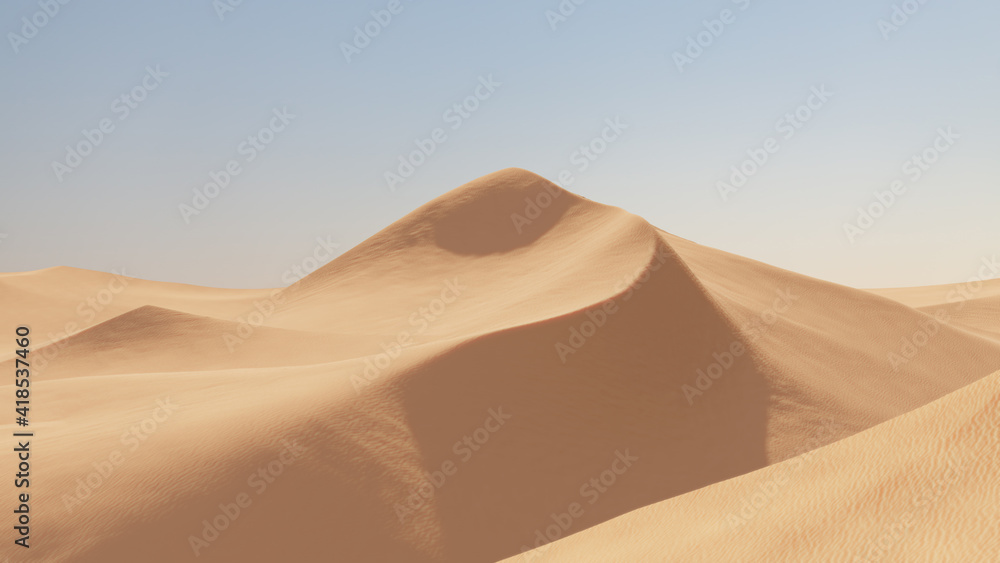 Abstract beautiful landscape with desert dunes on a sunny day with clouds bright sky in blue white and orange color. Sahara Desert, Morocco, Africa. Minimal clean nature background. 3D Render.