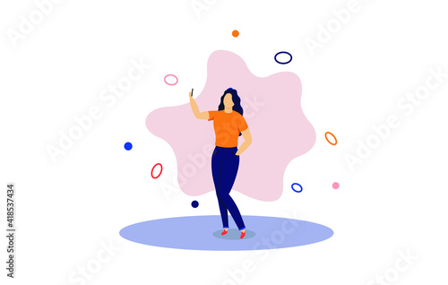 A woman takes a selfie on a smartphone. Illustration in flat style