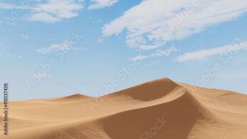 Abstract beautiful landscape with desert dunes mountains with clouds bright foggy sky in blue white and orange color. Sahara Desert, Morocco, Africa. Minimal clean nature background. 3D Render. 