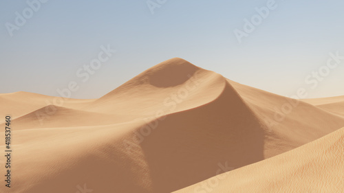 Abstract beautiful landscape with desert dunes on a sunny day with clouds bright sky in blue white and orange color. Sahara Desert  Morocco  Africa. Minimal clean nature background. 3D Render.