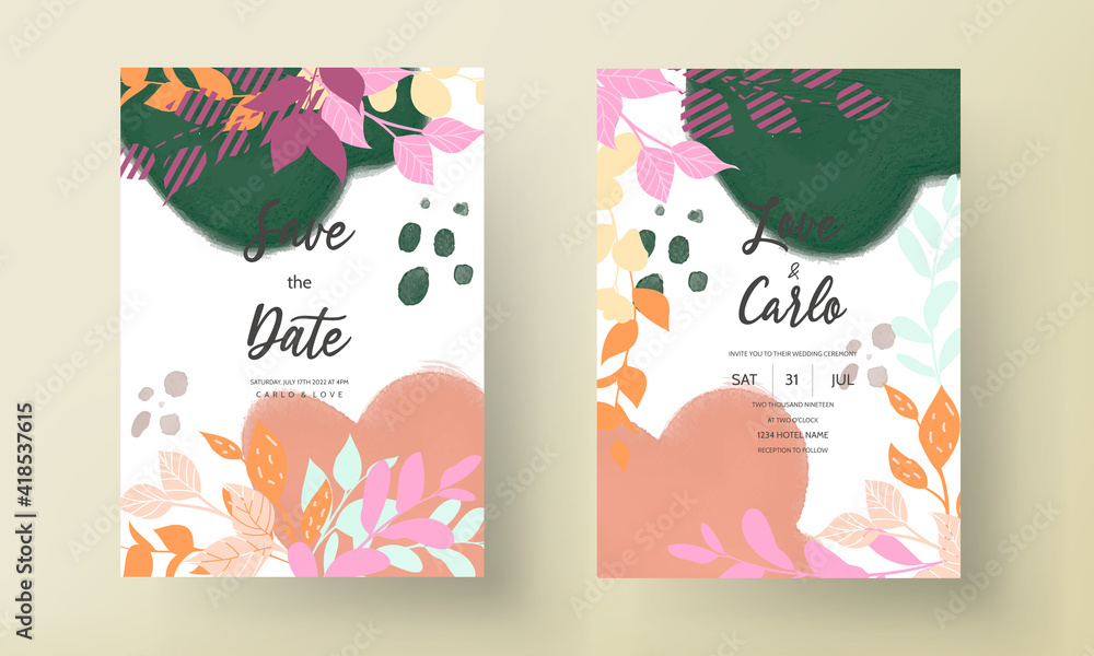 Fototapeta Płaska karta zaproszenie na ślub z kolorowym kwiatowym i tłem