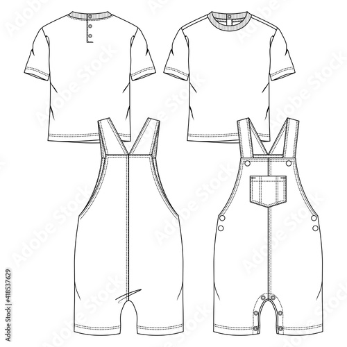Baby Boys 2 Pieces Set fashion flat sketch template. Technical Fashion Illustration. Knit Overall and Short Sleeves Tee Shirt 