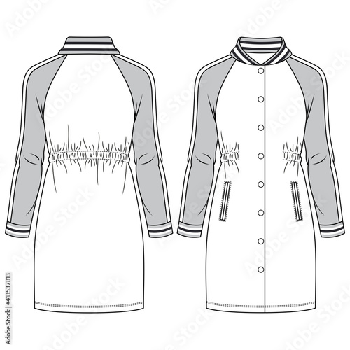 Girls Sporty Knit Dress fashion flat sketch template. Technical Fashion Illustration. Contrast Raglan sleeves, elastic back and snap opening. Long Baseball Jacket