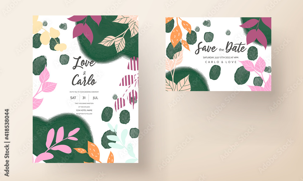 Flat design wedding invitation card with colorful floral and background