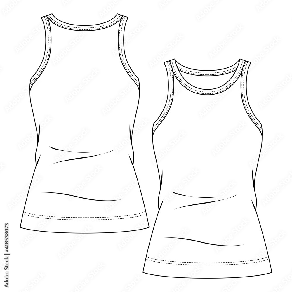 Women Tank Top fashion flat sketch template. Technical Fashion  Illustration. Crew Neck and Armholes binding. Rib Knit or Jersey fabrics  Stock Vector