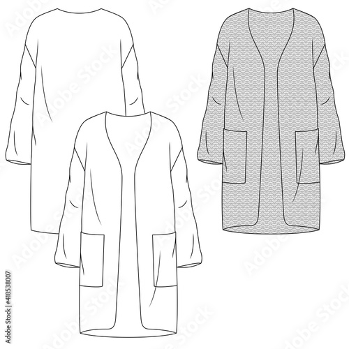 Women Heavy Knit Long Cardigan fashion flat sketch template. Technical Fashion Illustration. Open Front with Large Pockets