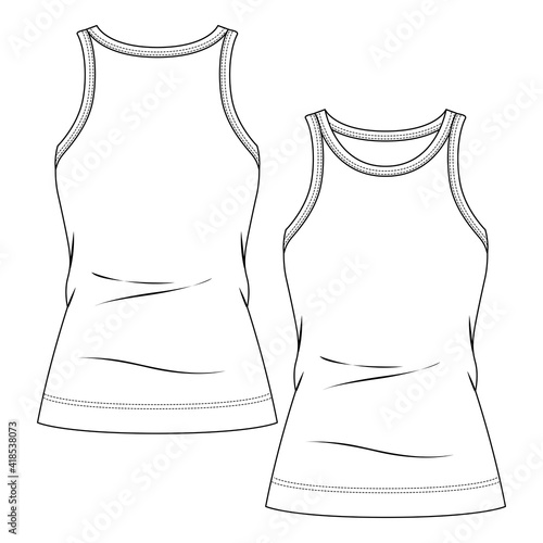 Women Tank Top fashion flat sketch template. Technical Fashion Illustration. Crew Neck and Armholes binding. Rib Knit or Jersey fabrics