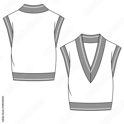 Women Sweater Vest fashion flat sketch template. Technical Fashion Illustration. Low V-Neck, Contrast Rib Detail
