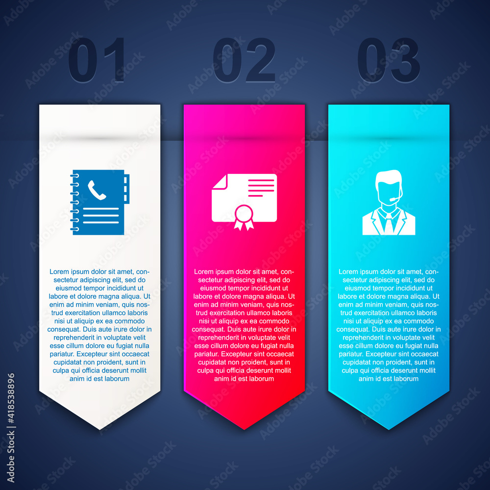 Set Phone book, Certificate template and Man with headset. Business infographic template. Vector. Set Phone book, Certificate template and Man with headset. Business infographic template. Vector.