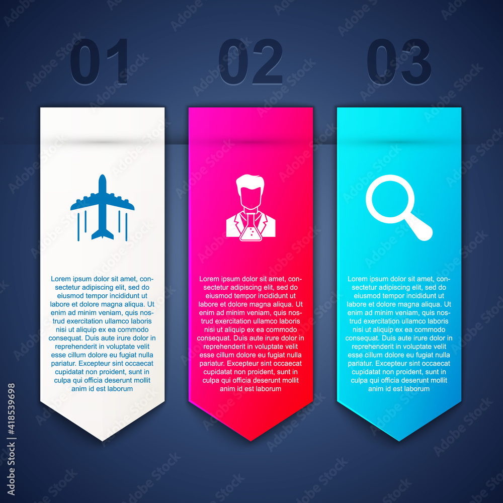 Set Plane, Scientist and test tube and Magnifying glass. Business infographic template. Vector. Set Plane, Scientist and test tube and Magnifying glass. Business infographic template. Vector.