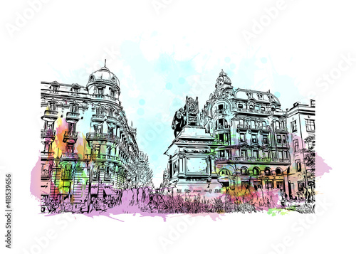Building view with landmark of Granada is a city in southern Spain. Watercolour splash with hand drawn sketch illustration in vector.