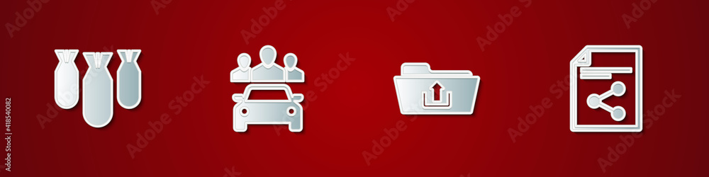 Set Aviation bombs, Car sharing, Folder upload and Share file icon. Vector.