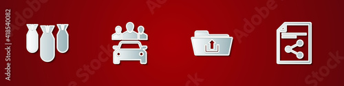 Set Aviation bombs, Car sharing, Folder upload and Share file icon. Vector.