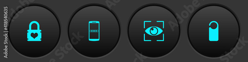 Set Padlock with heart, Mobile and password, Eye scan and Please do not disturb icon. Vector.