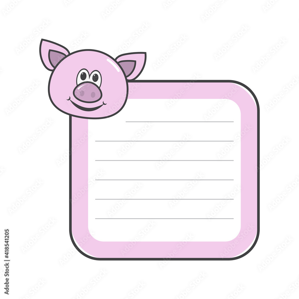 Kids notebook page pig template vector cards piggy and notes Kids notebook page pig template vector cards piggy and notes