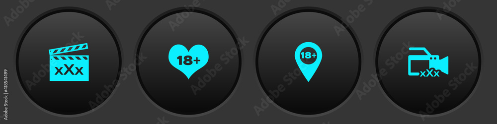Set Movie clapper with Sex, 18 plus content heart, Location and Video camera icon. Vector. Set Movie clapper with Sex, 18 plus content heart, Location and Video camera icon. Vector.