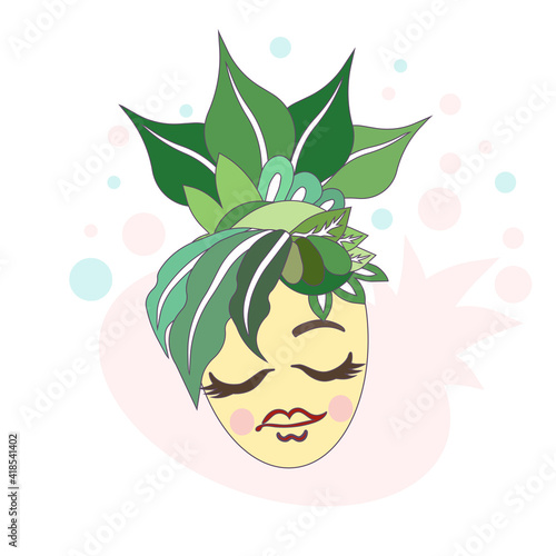 Outlined girl with meadow flora hairdo in Cartoon style, vector nature woman, herbs and evergreen leaves on head on white isolated background, concept of Nature and Botany, Women Rights and Feminism.