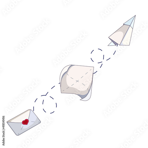 Dynamic of love letter to a paper plane on white isolated background, vector letter, sheet and paper airplane in Cartoon style, concept of Love and Relationships, Hobby and Activity, Dynamic steps.
