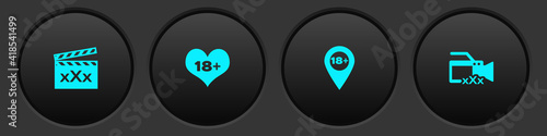 Set Movie clapper with Sex, 18 plus content heart, Location and Video camera icon. Vector.
