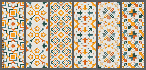 Set arabic oriental ornamental floral geometric arabesque seamless pattern. East motif paper style background vector illustration