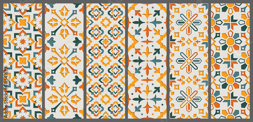 Set arabic oriental ornamental floral geometric arabesque seamless pattern. East motif paper style background vector illustration