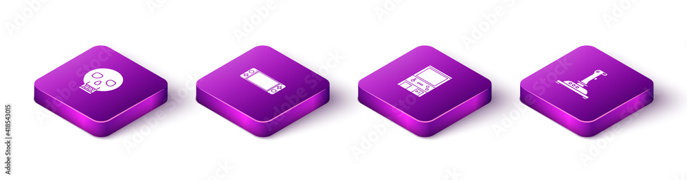 Set Isometric Skull, Portable video game console, Retro arcade machine and Joystick for icon. Vector. Set Isometric Skull, Portable video game console, Retro arcade machine and Joystick for icon. Vector.