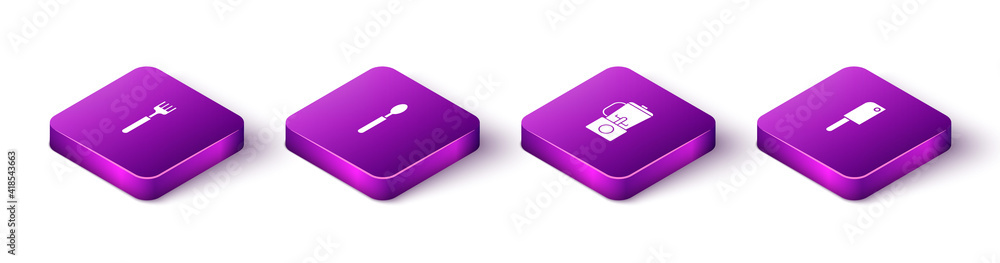 Set Isometric Fork, Spoon, Blender and Meat chopper icon. Vector. Set Isometric Fork, Spoon, Blender and Meat chopper icon. Vector.