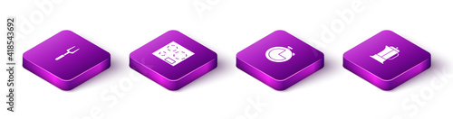 Set Isometric Barbecue fork, Electric stove, Kitchen timer and French press icon. Vector.