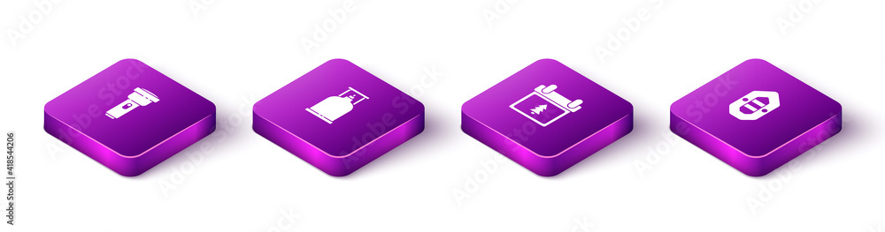 Set Isometric Flashlight, Camping gas stove, Calendar with tree and Rafting boat icon. Vector. Set Isometric Flashlight, Camping gas stove, Calendar with tree and Rafting boat icon. Vector.