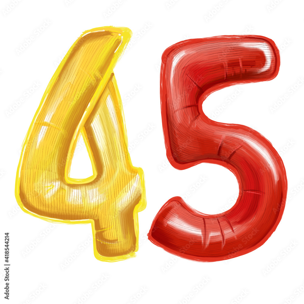 illustration of number 45 (illustration of numbers four and five) in yellow and red on a white background illustration of number 45 (illustration of numbers four and five) in yellow and red on a white background