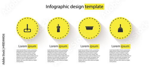 Set Mop, Dishwashing liquid bottle, Plastic basin and Dustpan. Business infographic template. Vector.