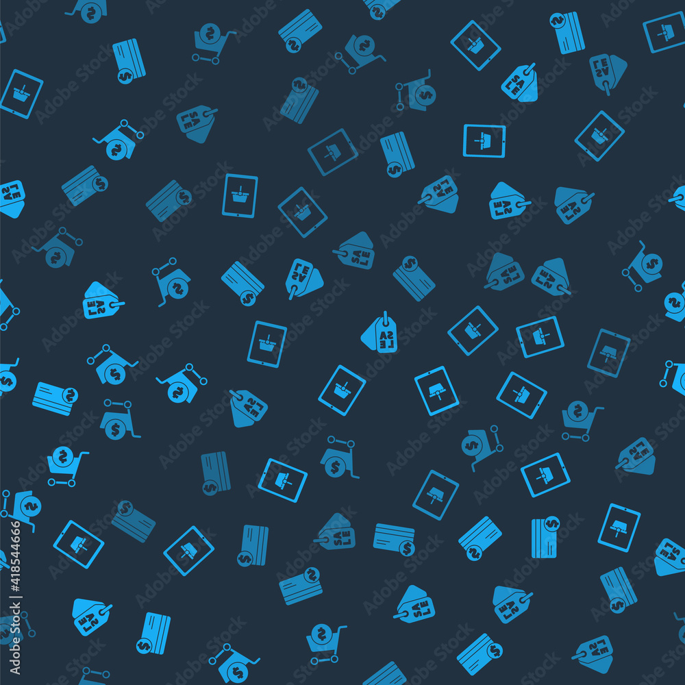 Set Credit card and dollar, Shopping basket on tablet, Price tag with Sale and cart on seamless pattern. Vector. Set Credit card and dollar, Shopping basket on tablet, Price tag with Sale and cart on seamless pattern. Vector.