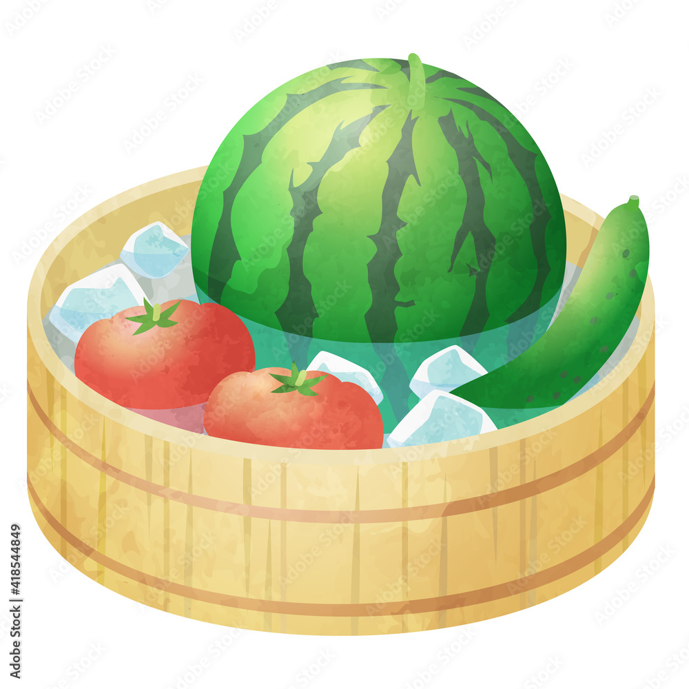 桶に入ったスイカとトマトときゅうりの水彩風ベクターイラスト Stock Vector Adobe Stock