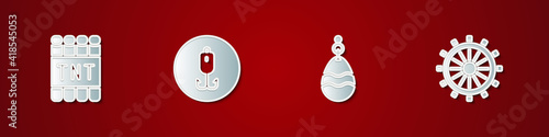 Set Detonate dynamite bomb stick, Fishing hook, spoon and Ship steering wheel icon. Vector.