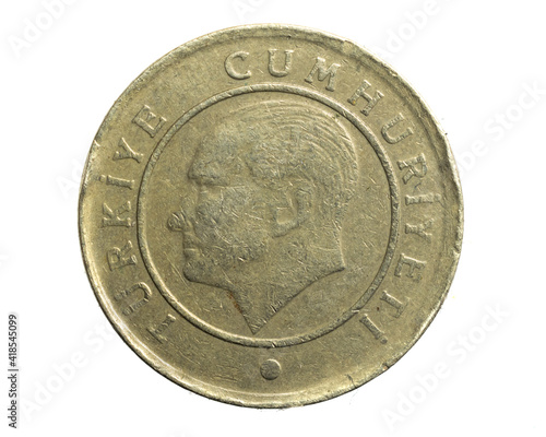 A turkey ten kurus coin on a white isolated background