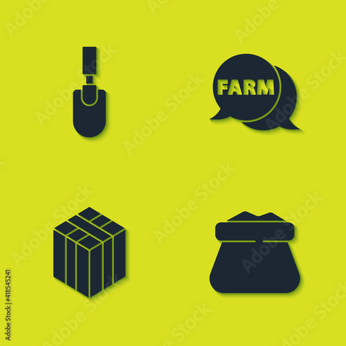 Set Garden trowel spade or shovel, Full sack, Bale of hay and Speech bubble with Farm icon. Vector.