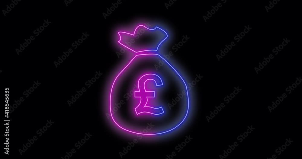 Glowing neon Money bag with pound icon isolated on black background. Banking currency sign. Cash symbol. 4K Video motion graphic animation Glowing neon Money bag with pound icon isolated on black background. Banking currency sign. Cash symbol. 4K Video motion graphic animation