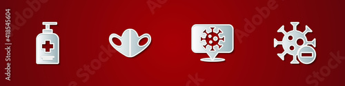 Set Liquid antibacterial soap, Medical protective mask, Corona virus on location and Negative icon. Vector.