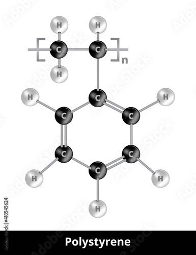 Vector ball-and-stick model of thermoplastic polymer polystyrene PS made from styrene. Repeat unit styrene, aromatic hydrocarbon polymer. The icon is isolated on a white background.