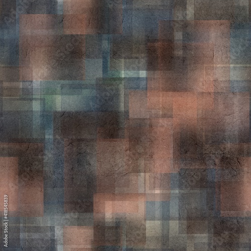 Seamless overlaid geometric shape pattern print. High quality illustration. Transparent rectangles filled with gradient colors scattered. Handmade paper texture overlay.