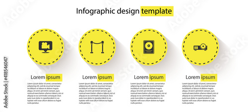 Set Camera and location, Rope barrier, CD disk award in frame and Media projector. Business infographic template. Vector.