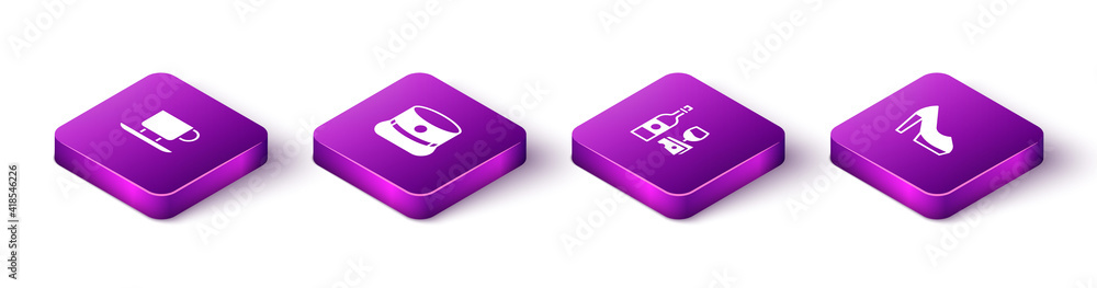 Set Isometric Coffee cup, Kepi, Wine bottle with cheese and Woman shoe icon. Vector. Set Isometric Coffee cup, Kepi, Wine bottle with cheese and Woman shoe icon. Vector.