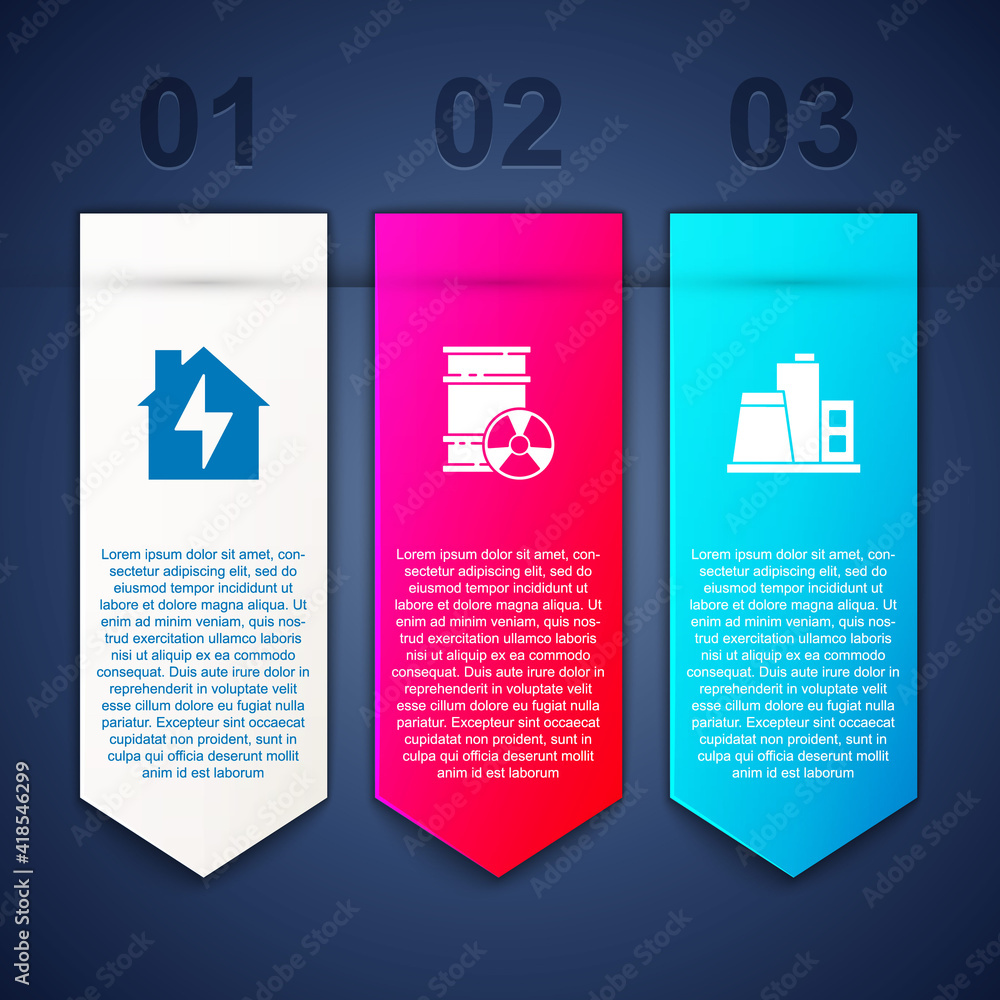 Set House and lightning, Radioactive waste barrel and Factory. Business infographic template. Vector. Set House and lightning, Radioactive waste barrel and Factory. Business infographic template. Vector.