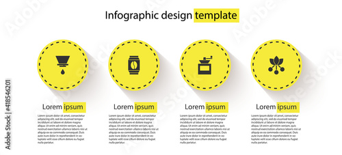 Set V60 coffee maker, Bag beans, Manual grinder and Coffee bean, branch. Business infographic template. Vector.
