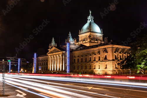 Leipzig, Germany: Bundesverwaltungsgericht with nice lights at night. Light streaks of passing traffic during this beautiful long exposure image.  © Rene Hausotte