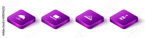 Set Isometric Covered with tray, Coffee cup, Louvre museum and Bottles wine icon. Vector.