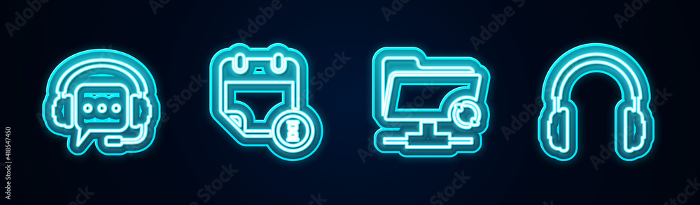 Set line Headphones with speech bubble, Calendar and clock, FTP sync refresh and . Glowing neon icon. Vector. Set line Headphones with speech bubble, Calendar and clock, FTP sync refresh and . Glowing neon icon. Vector.